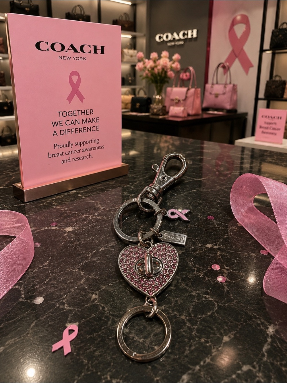 Coach Pink Swarovski Crystal Heart Keychain with Ribbon Charm